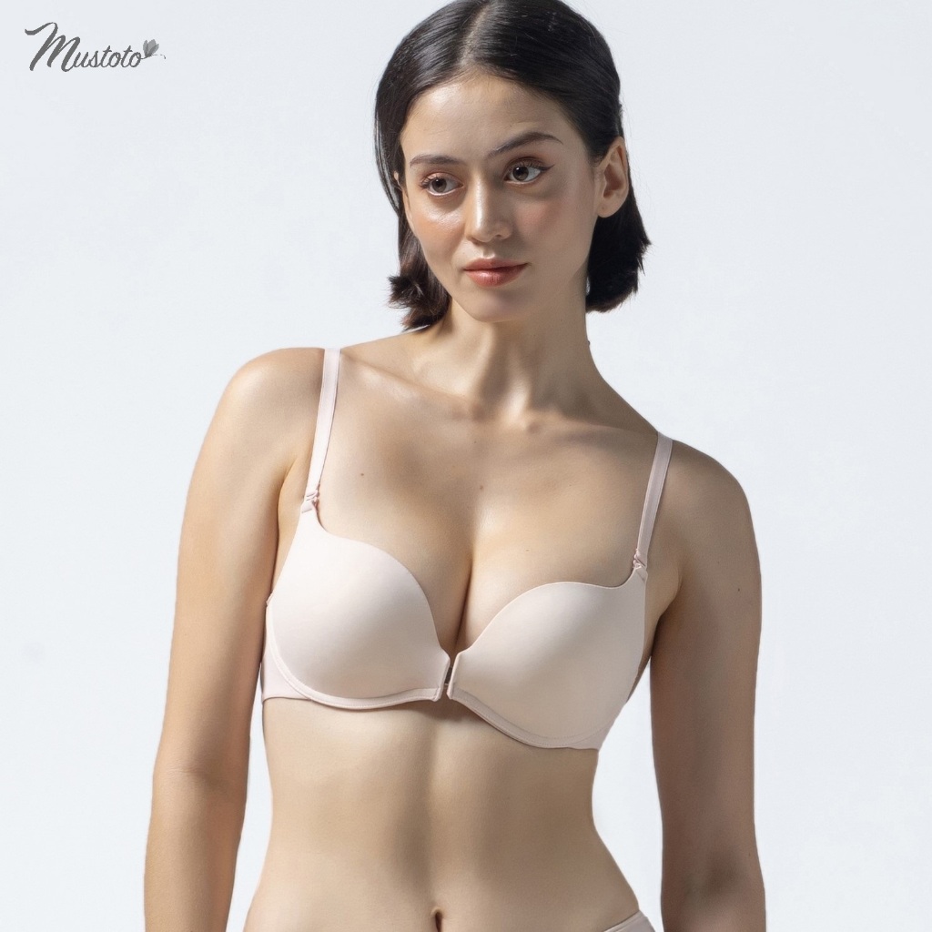 Áo Lót Nữ Mút Vừa Dày 2.5cm Móc Cài Trước Không Gọng Nâng Ngực Trơn Mustoto MA09