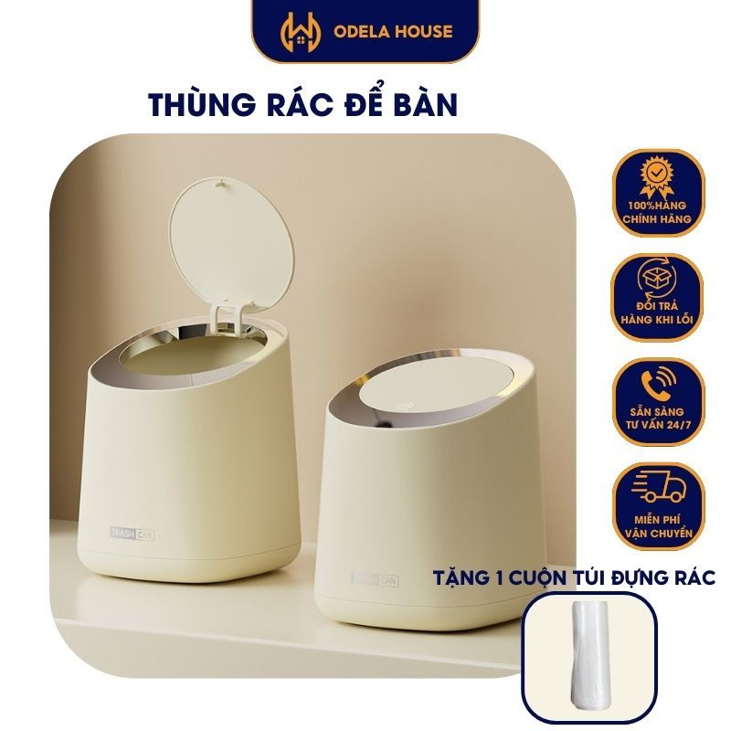Thùng rác mini để bàn, sọt rác mini nhấn nắp mở màu trắng kem thiết kế ...
