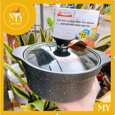 Nồi đúc CLASSIC HỢP KIM NHÔM VÂN ĐÁ NẮP KÍNH ĐẤY TỪ  dùng được mọi loại bếp - Nôi TICOOK