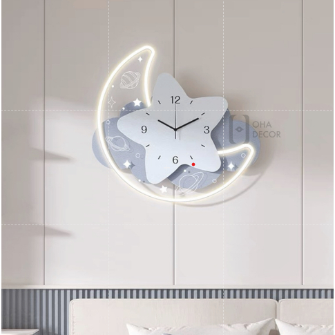 Tranh Đồng Hồ 3D LED Mặt Trăng Ngôi Sao Trang Trí Phòng Khách Quán Tiệm Shop OHA Decor [Hàng Có Sẵn]