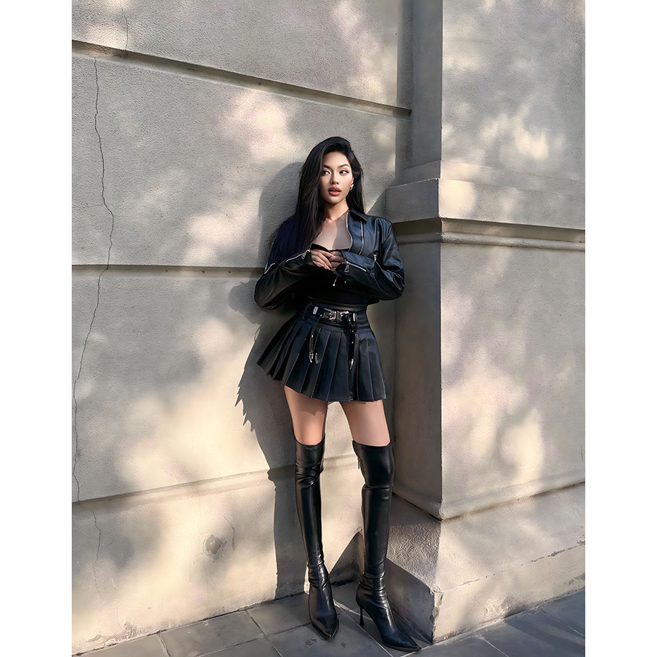 Set áo khoác da croptop cổ bẻ cùng chân váy da ngắn xếp ly kèm đai 𝑩𝒍𝒂𝒄𝒌 𝑺𝒂𝒍𝒍𝒚 𝑺𝒆𝒕