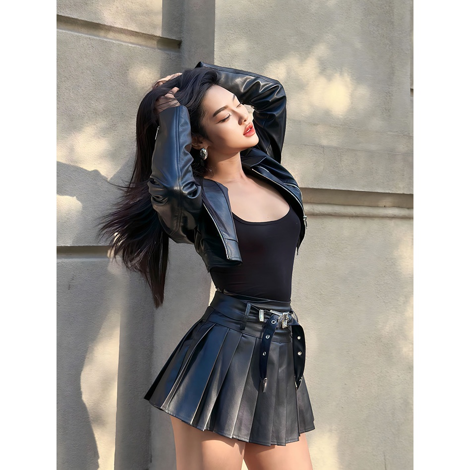 Set áo khoác da croptop cổ bẻ cùng chân váy da ngắn xếp ly kèm đai 𝑩𝒍𝒂𝒄𝒌 𝑺𝒂𝒍𝒍𝒚 𝑺𝒆𝒕