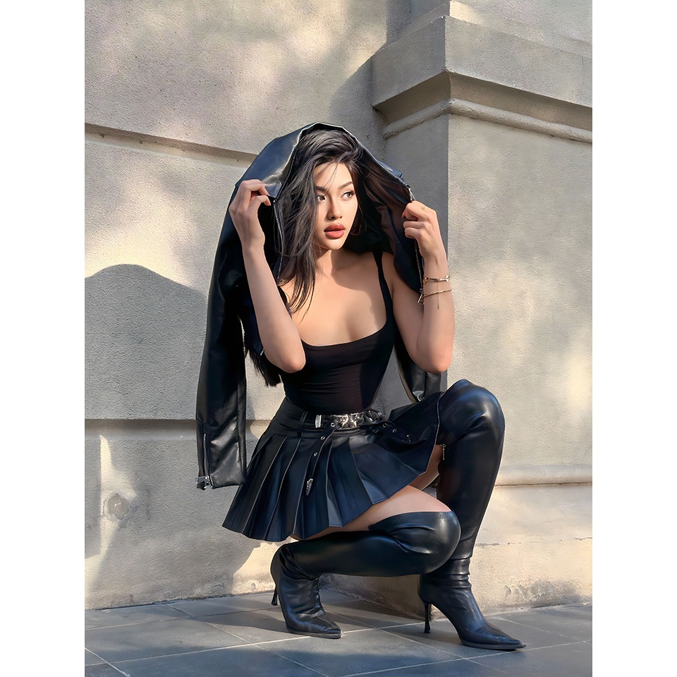 Set áo khoác da croptop cổ bẻ cùng chân váy da ngắn xếp ly kèm đai 𝑩𝒍𝒂𝒄𝒌 𝑺𝒂𝒍𝒍𝒚 𝑺𝒆𝒕