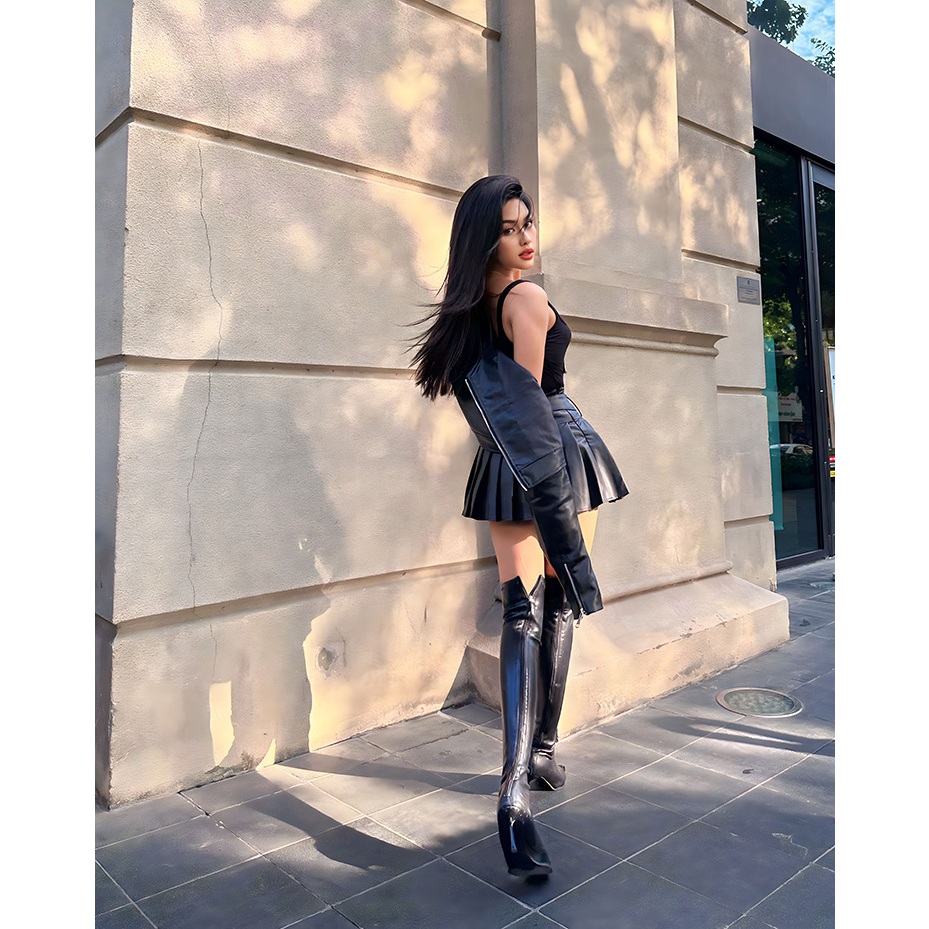 Set áo khoác da croptop cổ bẻ cùng chân váy da ngắn xếp ly kèm đai 𝑩𝒍𝒂𝒄𝒌 𝑺𝒂𝒍𝒍𝒚 𝑺𝒆𝒕