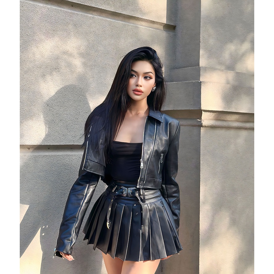 Set áo khoác da croptop cổ bẻ cùng chân váy da ngắn xếp ly kèm đai 𝑩𝒍𝒂𝒄𝒌 𝑺𝒂𝒍𝒍𝒚 𝑺𝒆𝒕
