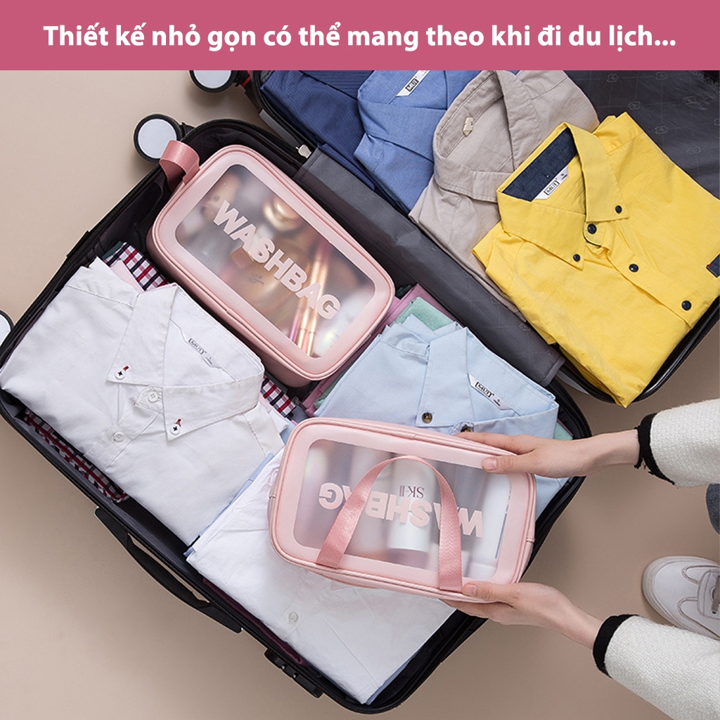 Túi Đựng Mỹ Phẩm Đồ Du Lịch Có Quai Xách Tiện Lợi, Túi Wasbag Da PU Đồ Trang Điểm Vải Chống Nước