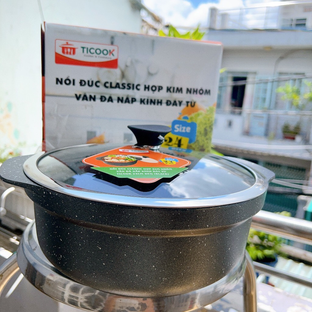 Nồi đúc CLASSIC HỢP KIM NHÔM VÂN ĐÁ NẮP KÍNH ĐẤY TỪ  dùng được mọi loại bếp - Nôi TICOOK