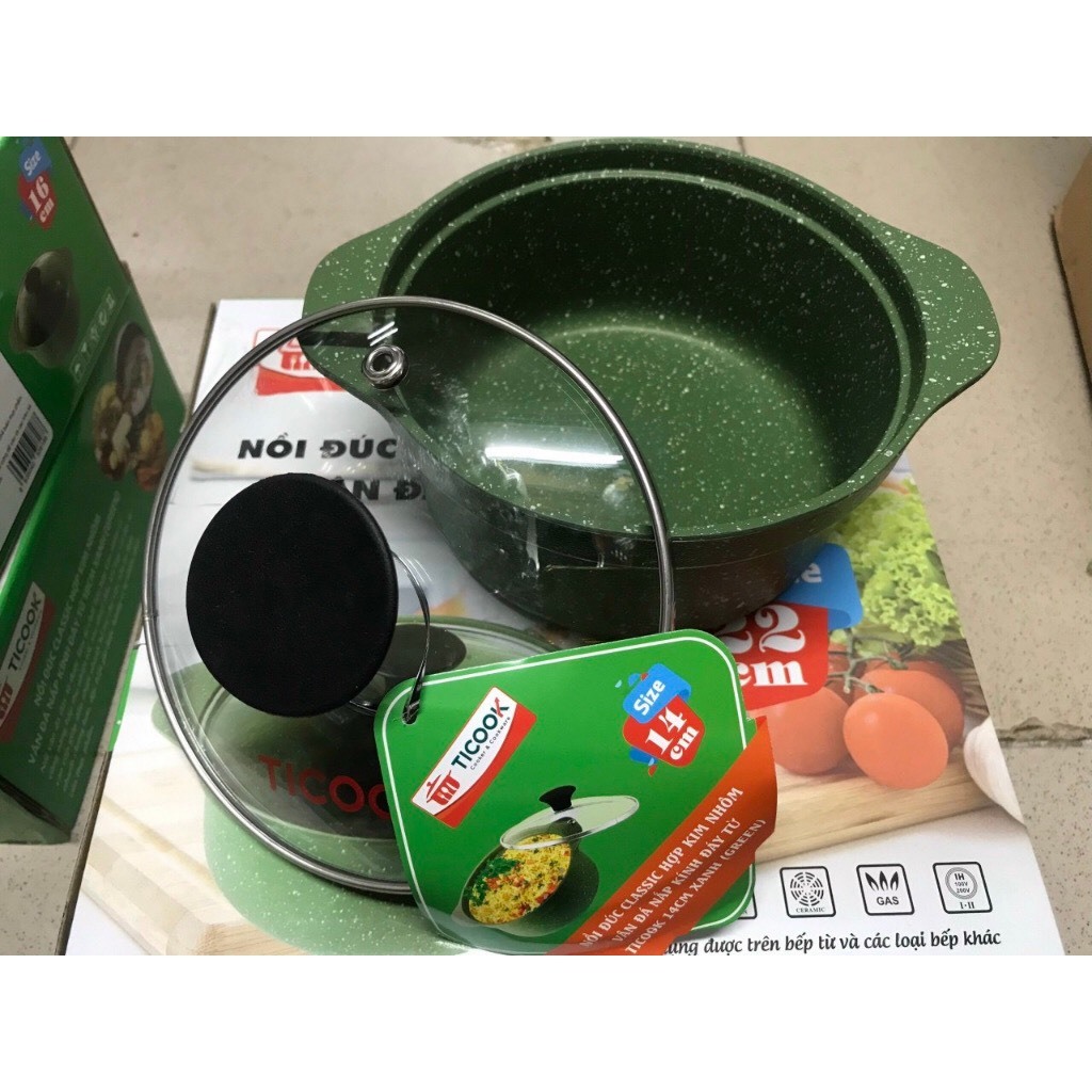Nồi đúc CLASSIC HỢP KIM NHÔM VÂN ĐÁ NẮP KÍNH ĐẤY TỪ  dùng được mọi loại bếp - Nôi TICOOK