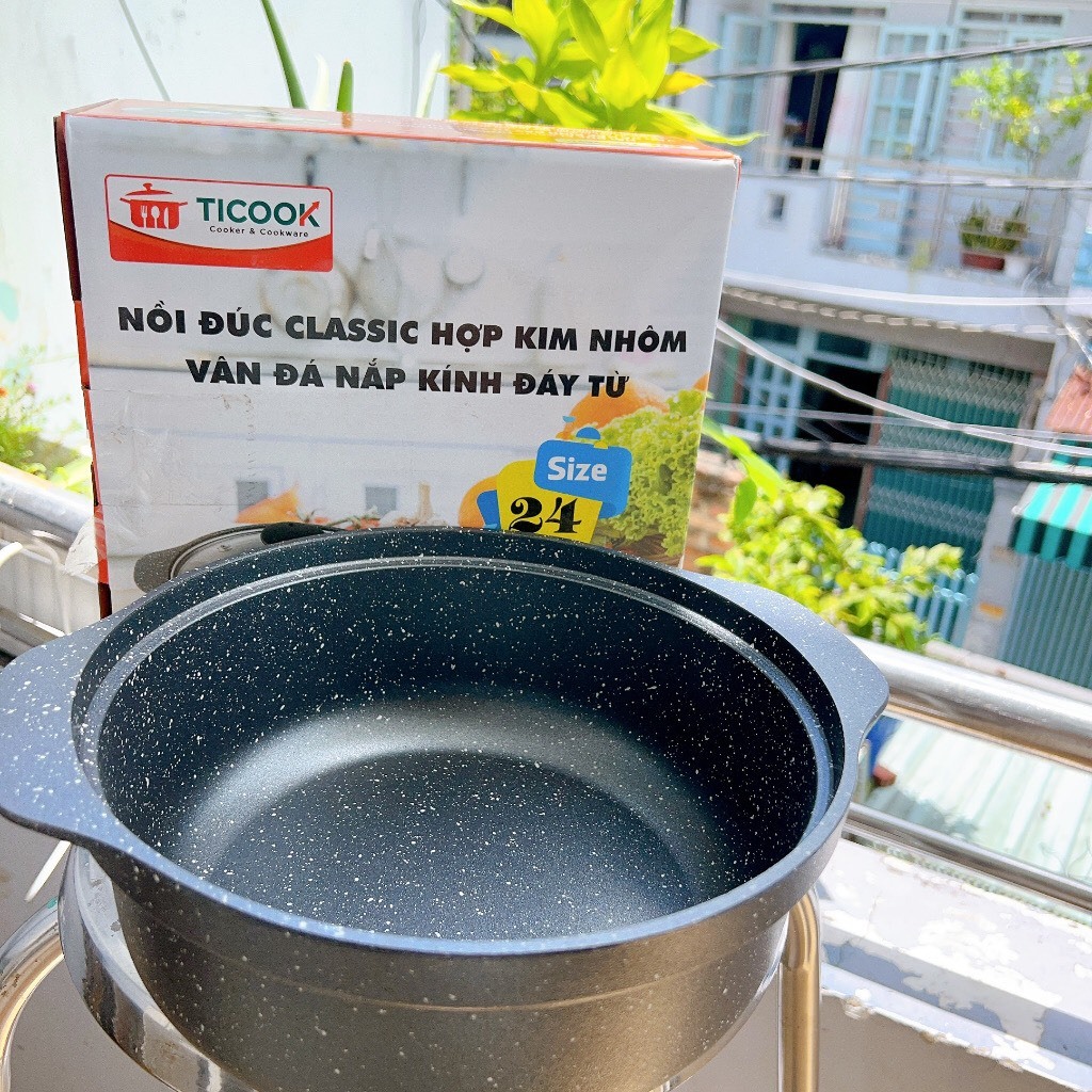 Nồi đúc CLASSIC HỢP KIM NHÔM VÂN ĐÁ NẮP KÍNH ĐẤY TỪ  dùng được mọi loại bếp - Nôi TICOOK