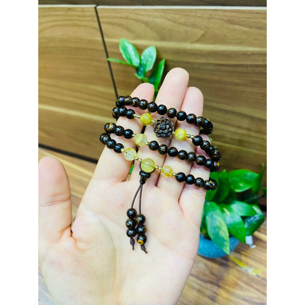 Vòng tay chuỗi hạt bằng trầm hương sánh chìm thật 6mm 108 hạt mix charm đá thạch anh- Nam nữ-An yên may mắn và Bình an
