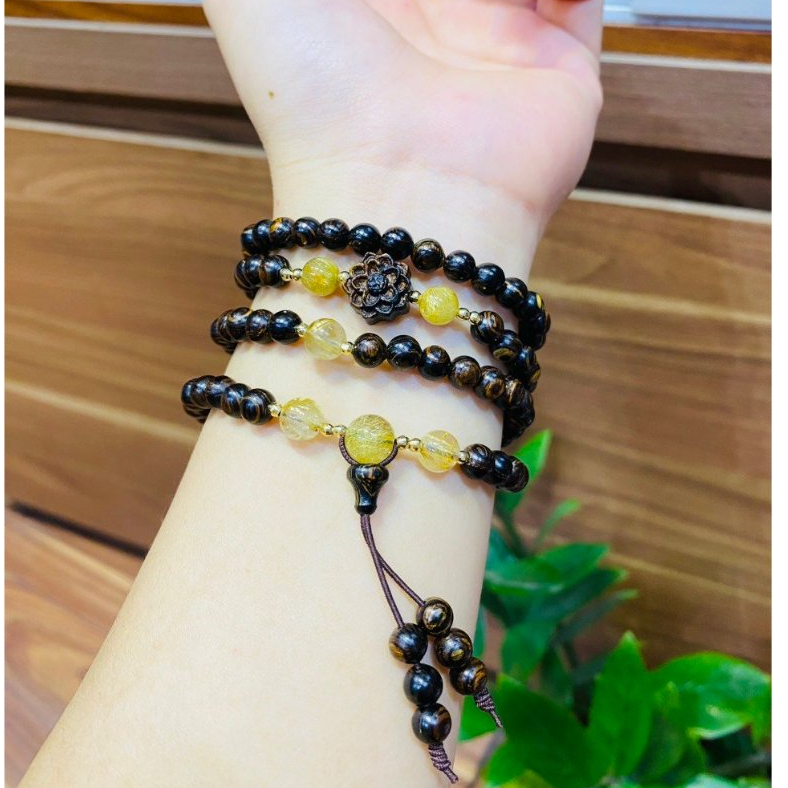 Vòng tay chuỗi hạt bằng trầm hương sánh chìm thật 6mm 108 hạt mix charm đá thạch anh- Nam nữ-An yên may mắn và Bình an