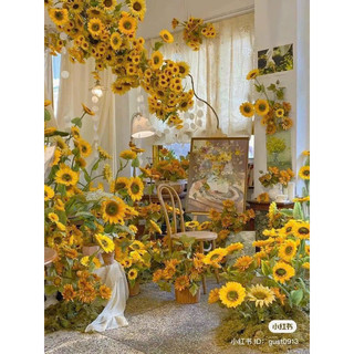 Cành hoa hướng dương 3 bông thân phủ phấn cao 90cm nhập khẩu-Hoa giả cao cấp