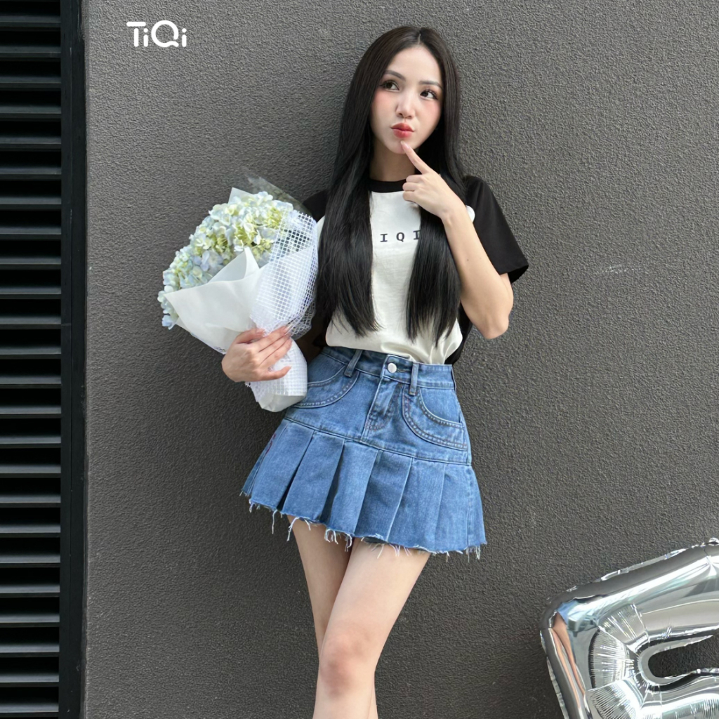 Chân váy jeans TIQI JEANS xếp ly họa tiết số Modern Denim Skirt V1-323