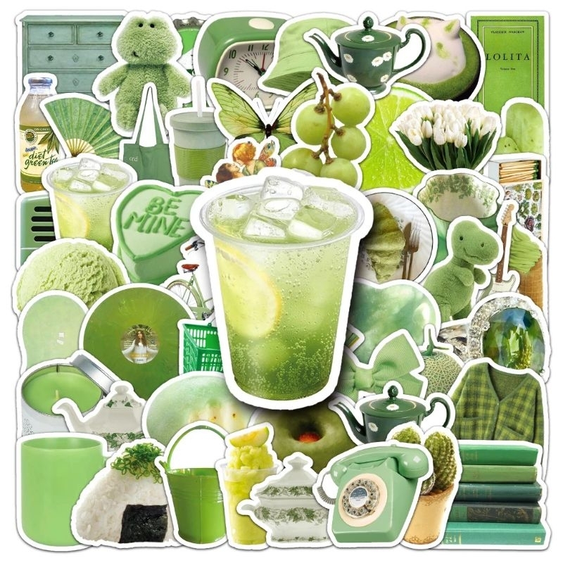 Set 10/30/ 50 sticker retro đồ vật xanh lá cây dán nón mũ bảo hiểm ...