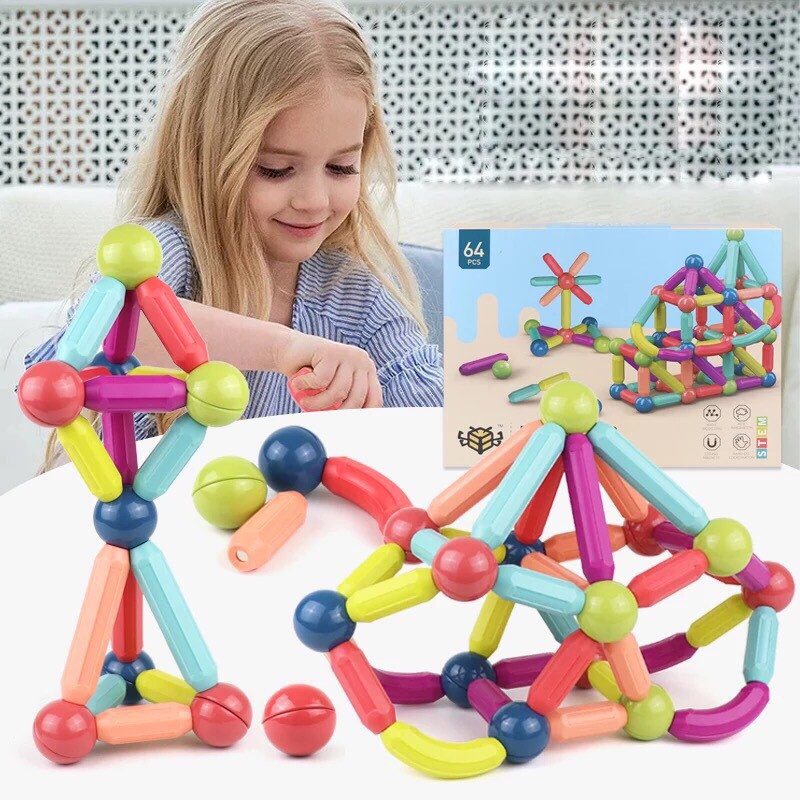 Bộ Xếp Hình Nam Châm Thông Minh - Lắp Ráp 64/72 Chi Tiết, Que Từ Tính, Phát Triển Tư Duy Cho Bé