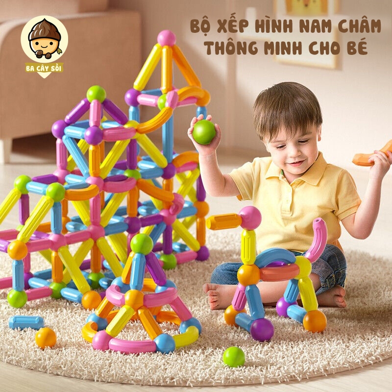 Bộ Xếp Hình Nam Châm Thông Minh - Lắp Ráp 64/72 Chi Tiết, Que Từ Tính, Phát Triển Tư Duy Cho Bé