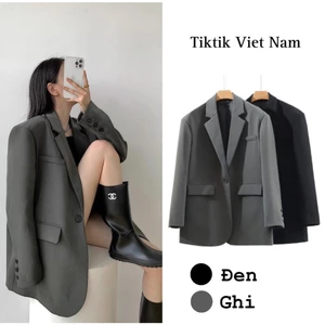 Áo blazer dáng rộng hai lớp màu trơn đen ghi có đệm vai đứng form day dặn thanh lịch ABLZ008 - Tiktik