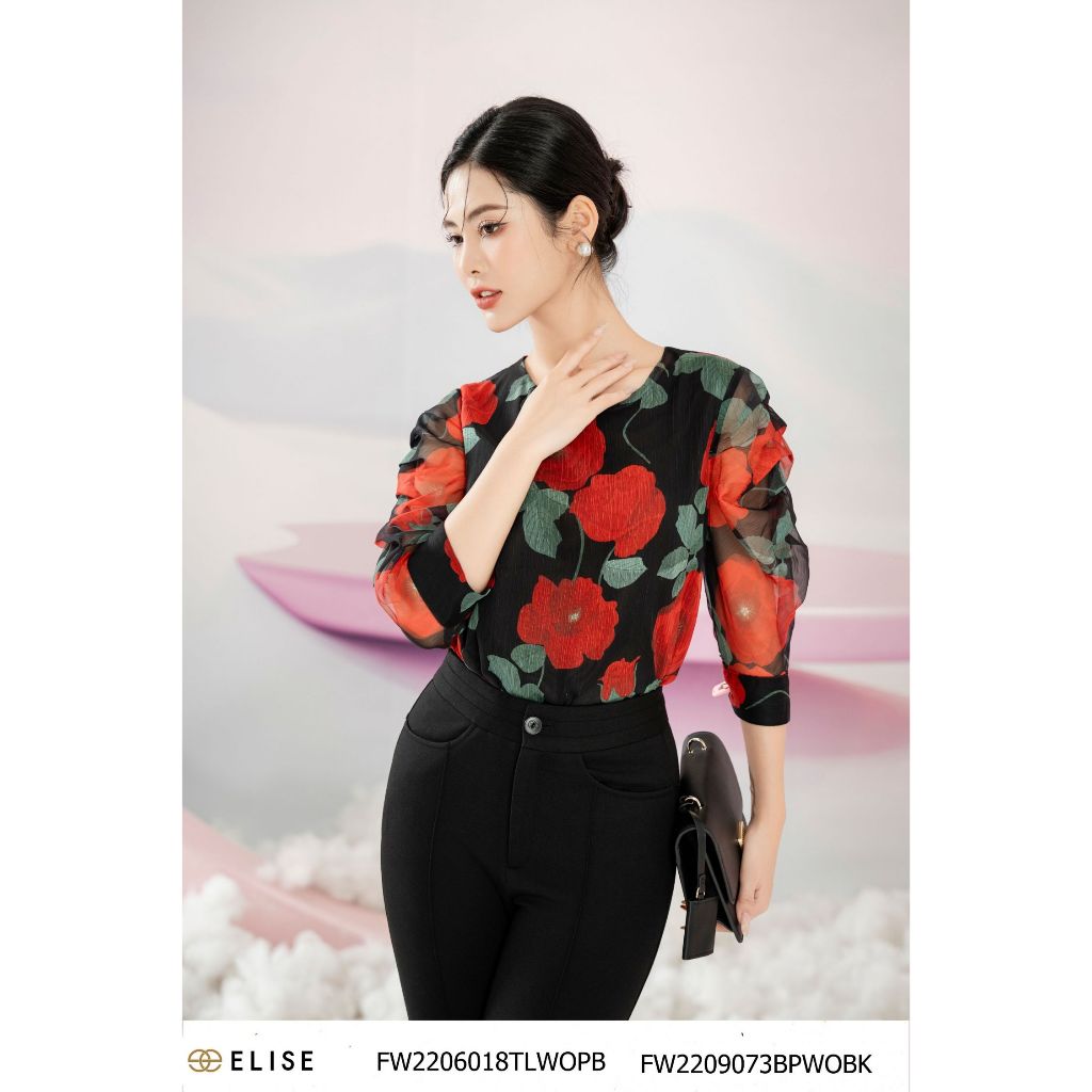 Áo sơ mi voan đen hoa ly tay thiết kế Elise FW2206018TLWOPB