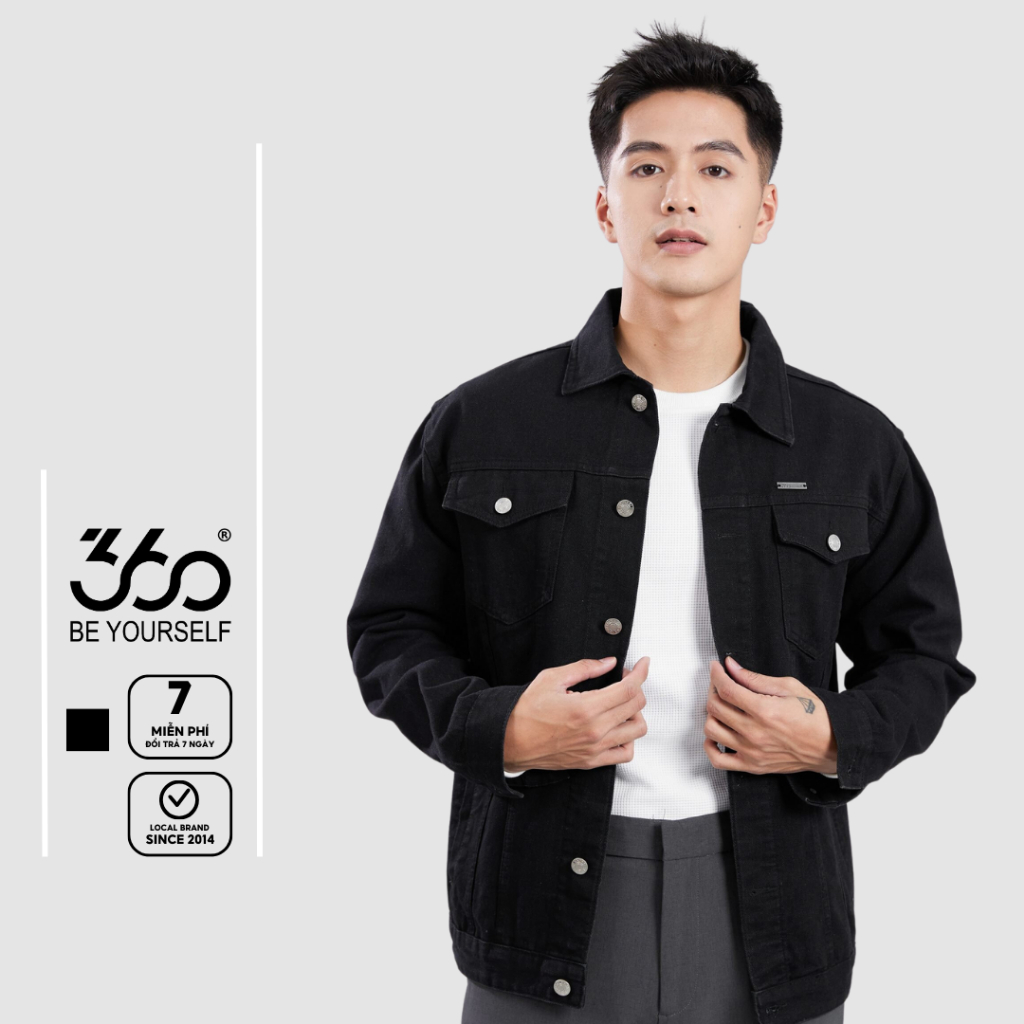 Áo Khoác jean Nam đen dài tay thương hiệu thời trang 360Boutique chất liệu denim cao cấp – AKBTK401