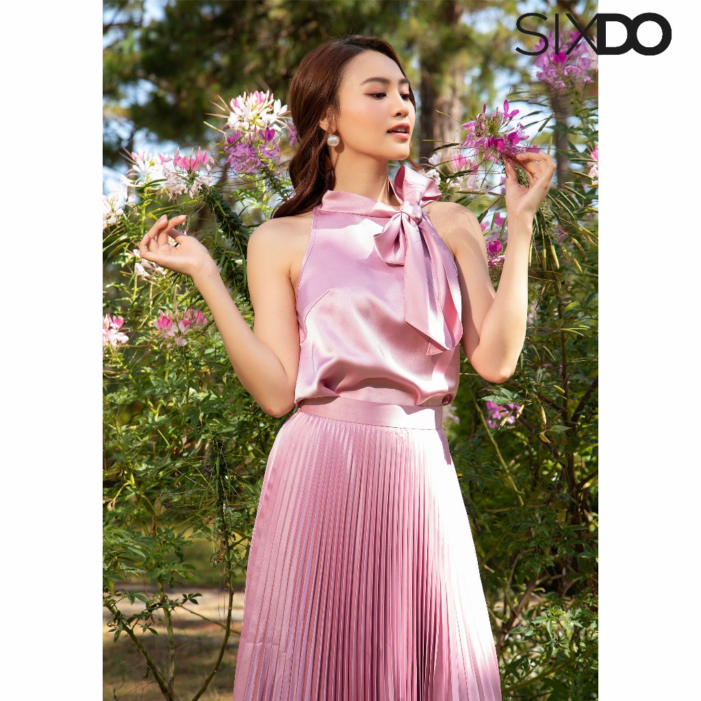 Áo lụa nữ hồng cổ yếm SIXDO Light Murrey Sleeveless Silk Top