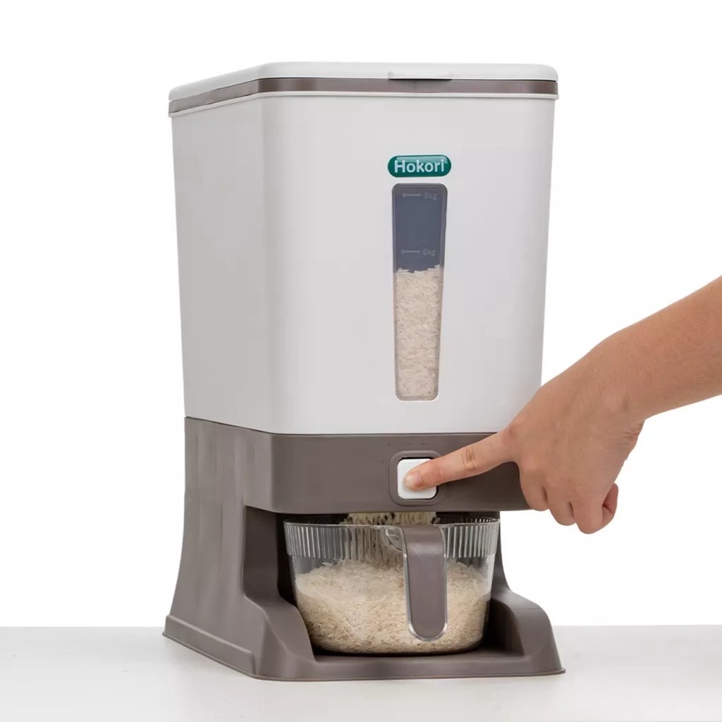 Hộp đựng gạo - Thùng đựng gạo tiện ích 10kg Hokori Việt Nhật 5338. Có cốc đong gạo. Nút bấm lấy gạo tự động.