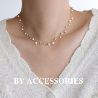 Dây chuyền vòng cổ nữ titan xích kép đôi phối ngọc trai nhân tạo xen kẽ vintage thời trang không gỉ WN2374