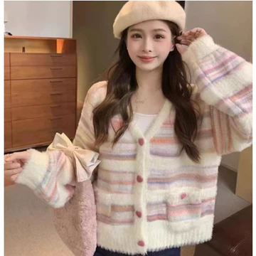 (Hàng QC) Áo len cardigan sọc cầu vồng trái tim - Candy Cardigan - Áo cardigan - Áo len nữ- Áo khoác nữ