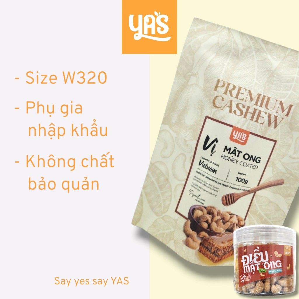 Hạt Điều Mật Ong YAS Túi 100g - Điều Nguyên Hạt Cùng Mật Ong Béo Ngậy Thích Hợp Ăn Vặt, Biếu Tặng