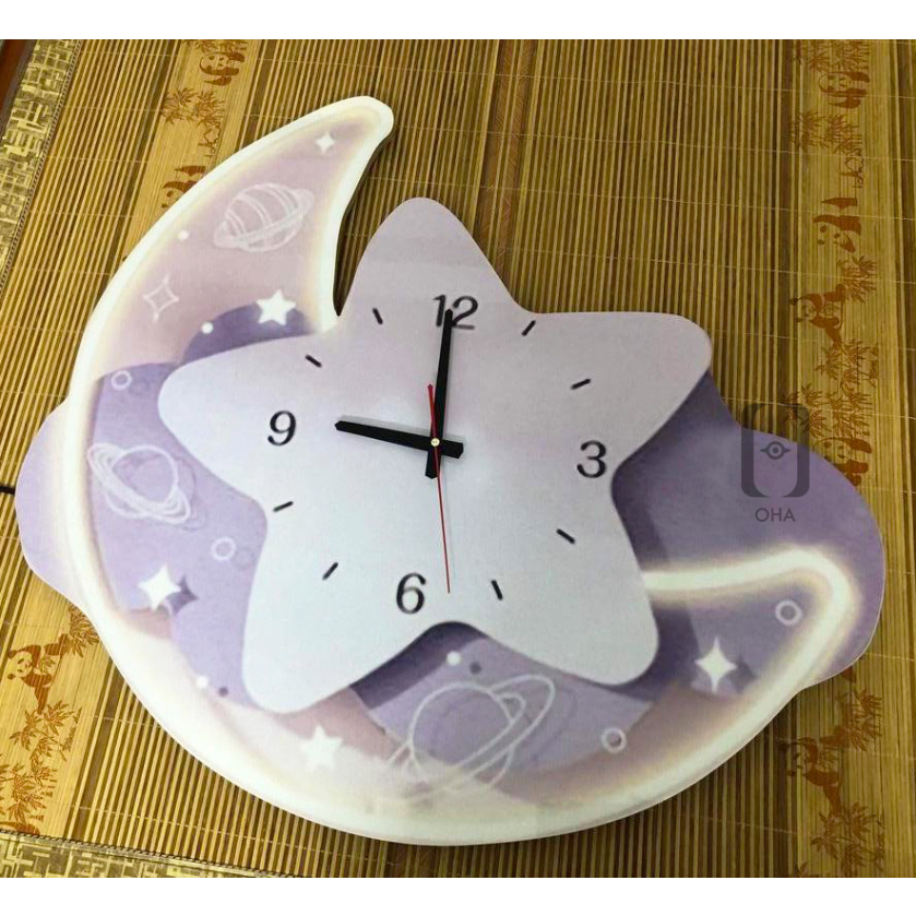 Tranh Đồng Hồ 3D LED Mặt Trăng Ngôi Sao Trang Trí Phòng Khách Quán Tiệm Shop OHA Decor [Hàng Có Sẵn]