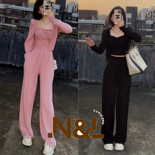 Set bộ đồ 3 món, Áo croptop hai dây, Áo khoác ngoài, Quần dài dáng xuông tôn dáng, sang trọng, quý phái
