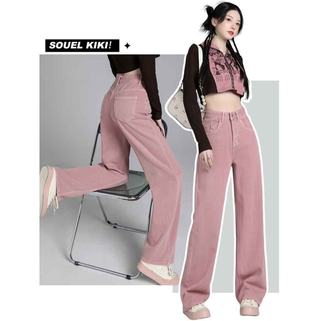 Quần Jeans Nữ, quần kaki thô màu hồng cạp cao ống suông, phong cách trẻ trung sang trọng.