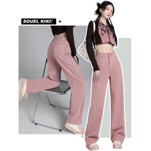 Quần Jeans Nữ, quần kaki thô màu hồng cạp cao ống suông, phong cách trẻ trung sang trọng.