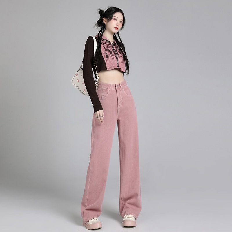 Quần Jeans Nữ, quần kaki thô màu hồng cạp cao ống suông, phong cách trẻ trung sang trọng.