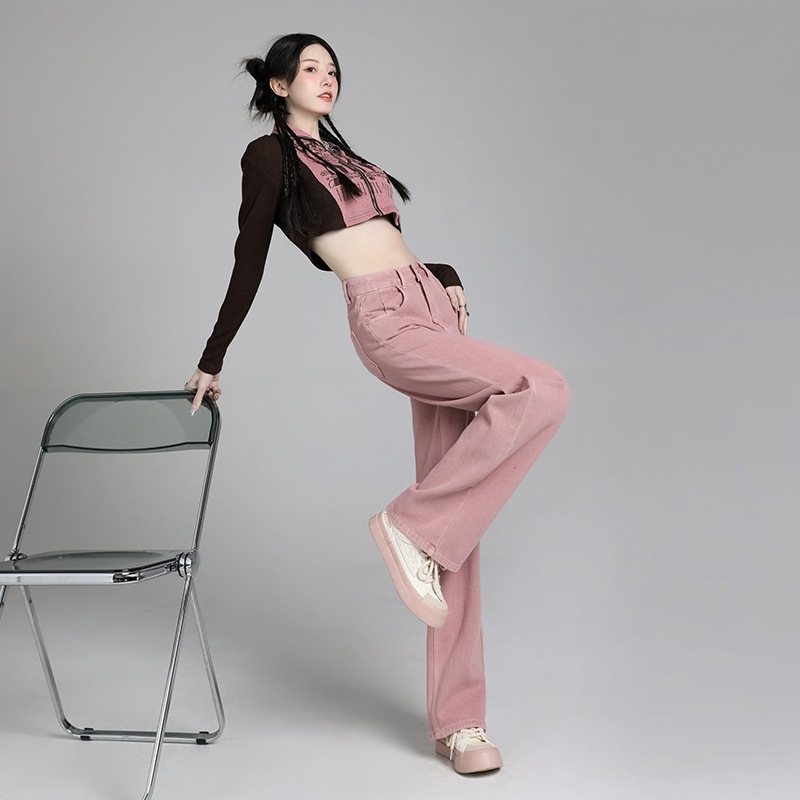 Quần Jeans Nữ, quần kaki thô màu hồng cạp cao ống suông, phong cách trẻ trung sang trọng.