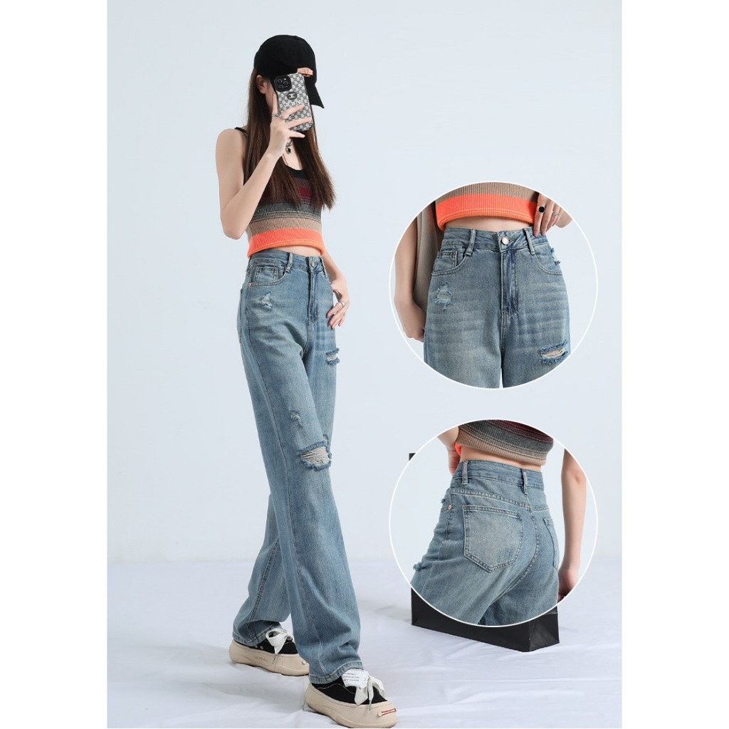 LQ010 Quần Jeans rách 2 màu cơ bản, quần cạp cao ống suông, phong cách trẻ trung khỏe mạnh.