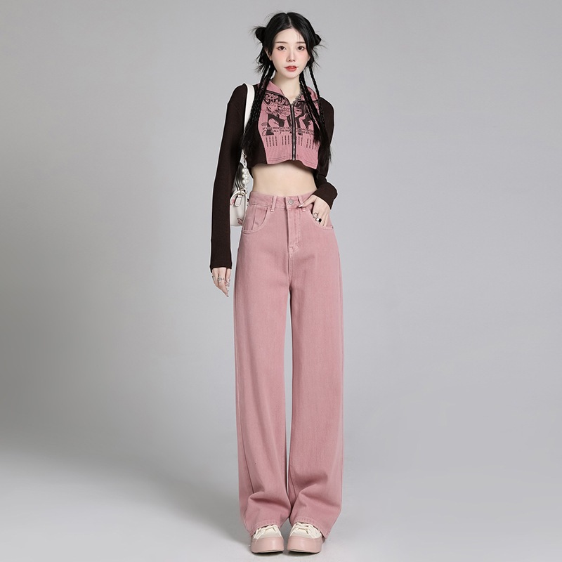 Quần Jeans Nữ, quần kaki thô màu hồng cạp cao ống suông, phong cách trẻ trung sang trọng.