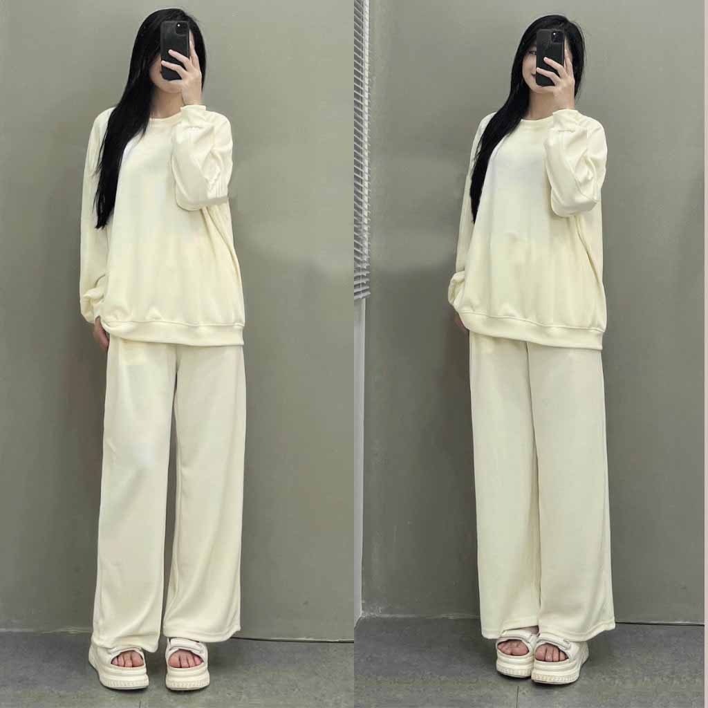 Sét Bộ / Bộ Len Dài Tay Cổ Tròn Quần Ống Xuông Phong Cách Hàn Quốc