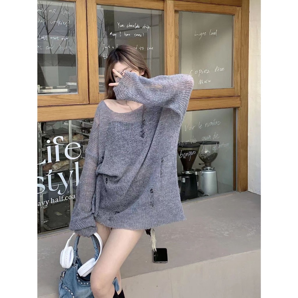 Áo Sweater Dài Tay Cổ Tròn Dáng Dài From Rộng, Áo Len Mỏng Phối Rách ...