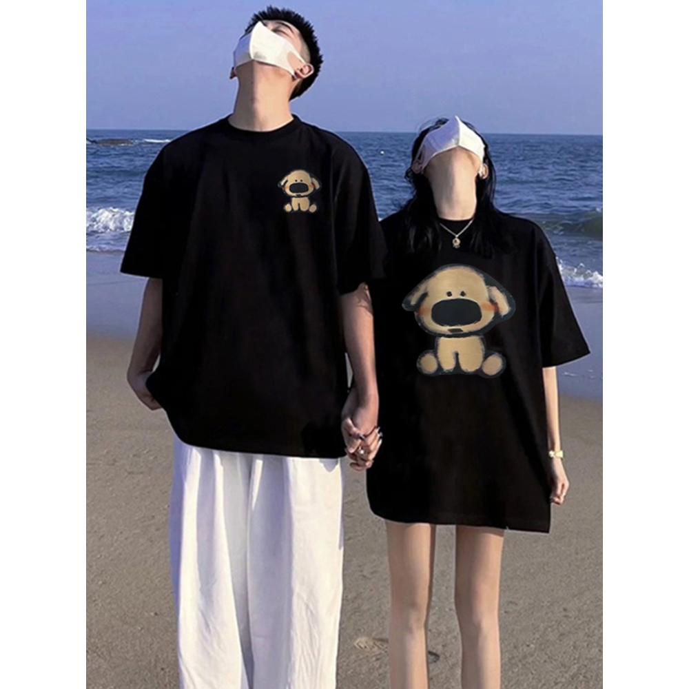 Áo thun cặp đôi HappyFamily - Mẫu tay lở in chữ in họa tiết chú chó ngốc nghếch đáng yêu chất cotton 100 Cao Cấp