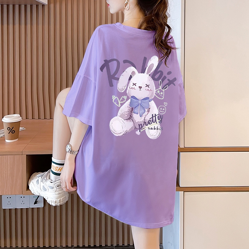 Áo thun nữ HappyFamily - Mẫu  tay lở in họa tiết thỏ đáng yêu PRETTY RABBIT chất cotton 100 Cao Cấp