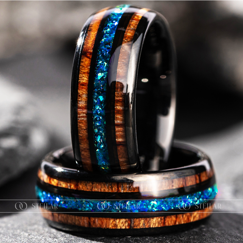 Nhẫn Phong Thuỷ Vĩnh Cửu Stellar "The Carpenter" Mệnh Thuỷ - Đa Tầng Đá Opal Xanh Blue - Chất Liệu Vonfram