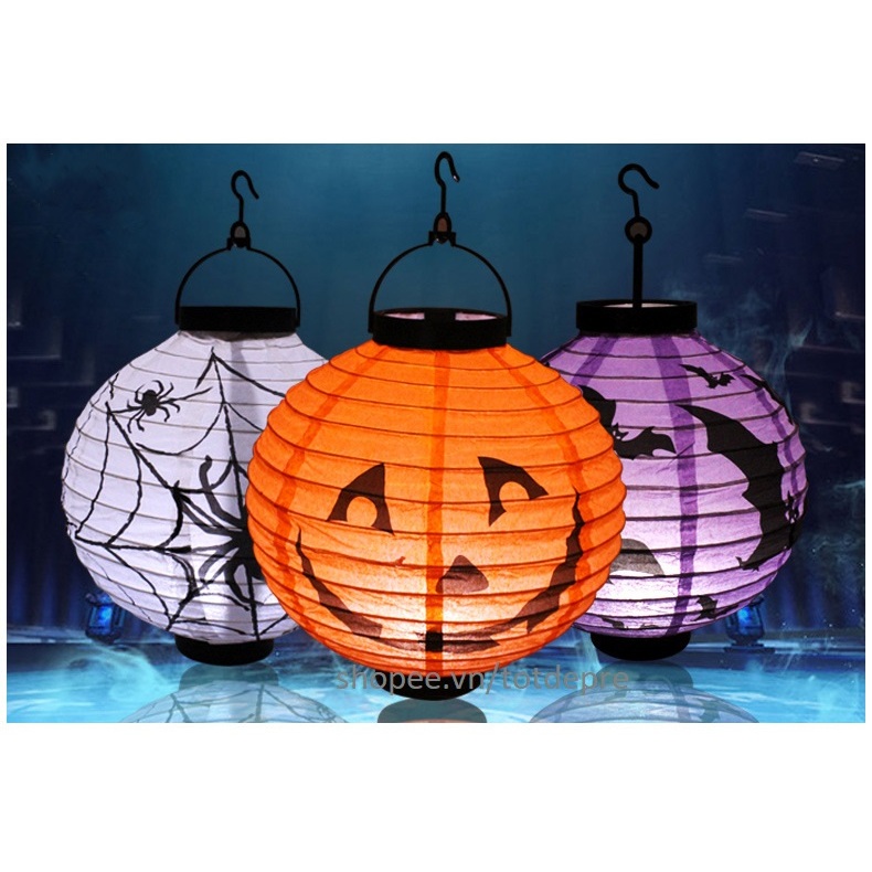 Đèn lồng giấy Halloween ĐẾ NHỰA có gắn sẵn đèn LED