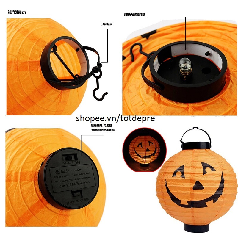 Đèn lồng giấy Halloween ĐẾ NHỰA có gắn sẵn đèn LED