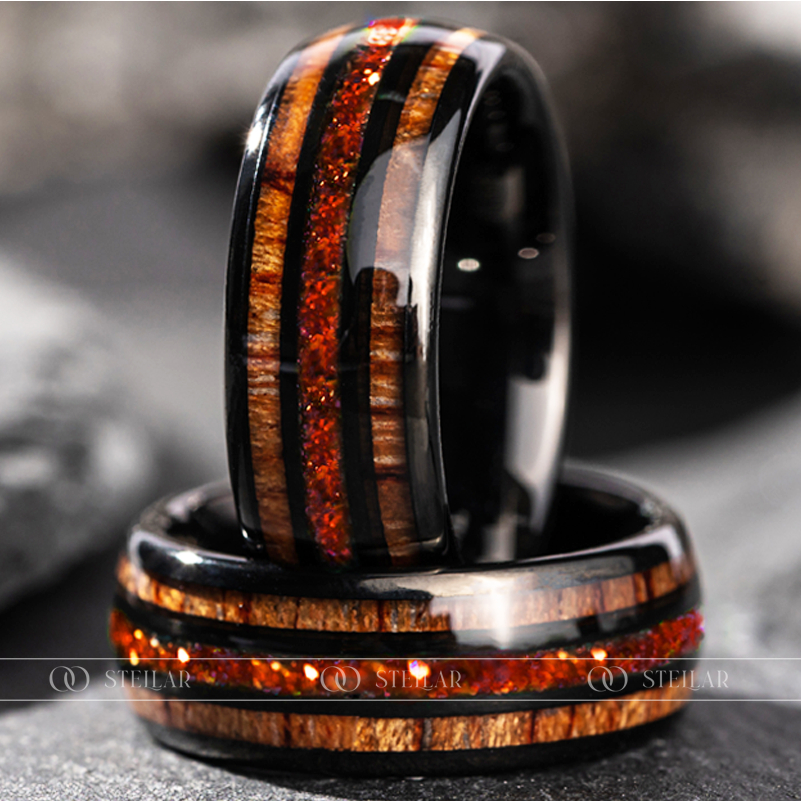 Nhẫn Phong Thuỷ Vĩnh Cửu Stellar "The Vulcano" Mệnh Hoả - Nhẫn Đa Tầng Vân Gỗ Đá Opal Đỏ - Chất Liệu Vonfram