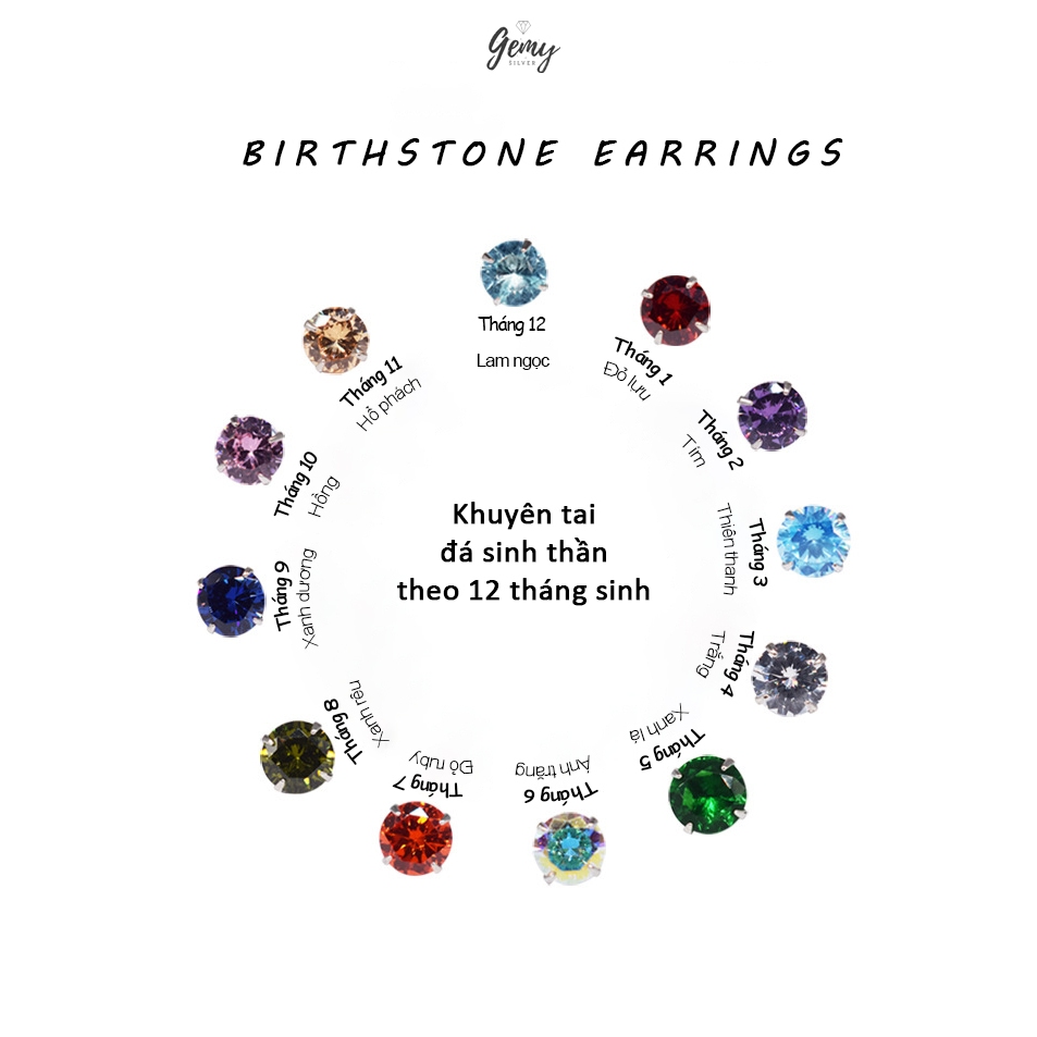 Khuyên tai nam nữ bạc 925 ổ đá nhiều màu sinh thần Birthstone dành cho 12 tháng sinh (1 chiếc) | GEMY SILVER KN110