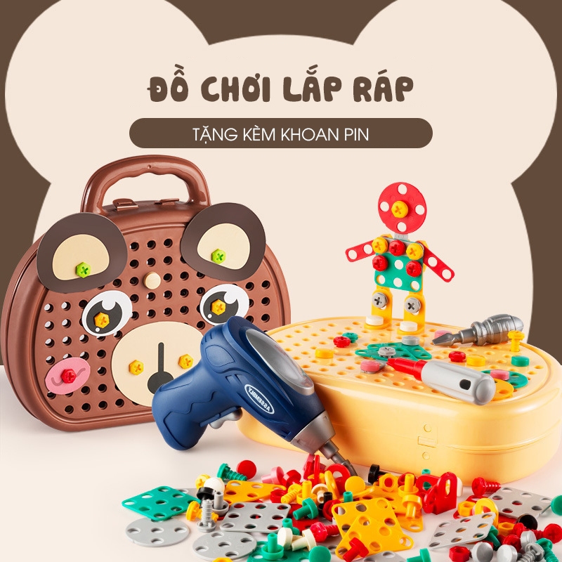 Bộ đồ chơi kỹ sư lắp ráp kèm khoan điện, đồ chơi vặn ốc vít cho bé từ 3 tuổi.