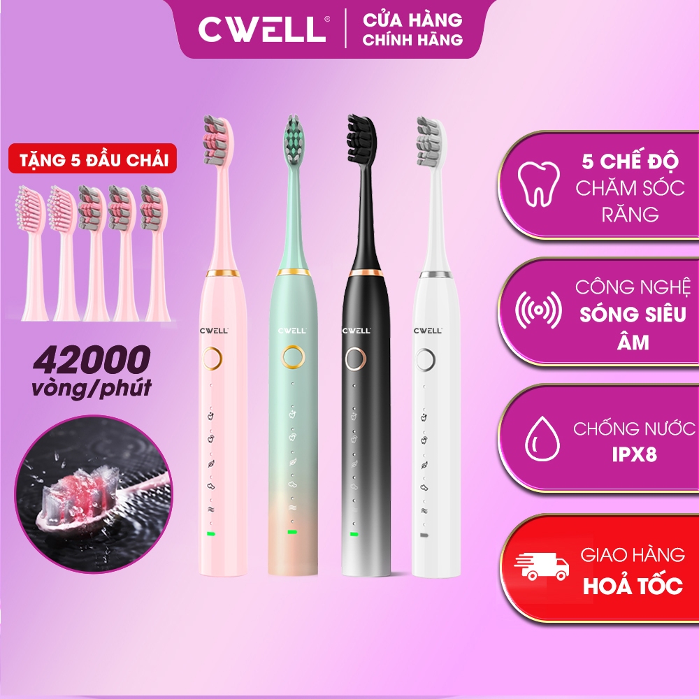 Bàn chải điện CWELL S1 PRO, 5 chế độ đánh răng tự động, tặng kèm 5 đầu ...
