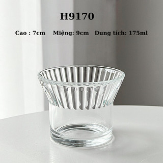 Bộ 6 Ly thủy tinh 175ml 300ml, cốc miệng loe sọc  chịu nhiệt có đai gỗ dùng uống cà phê, trà