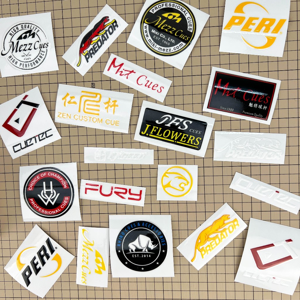 Sticker, tem dán, hình dán các thương hiệu bida, billard trang trí bao ...