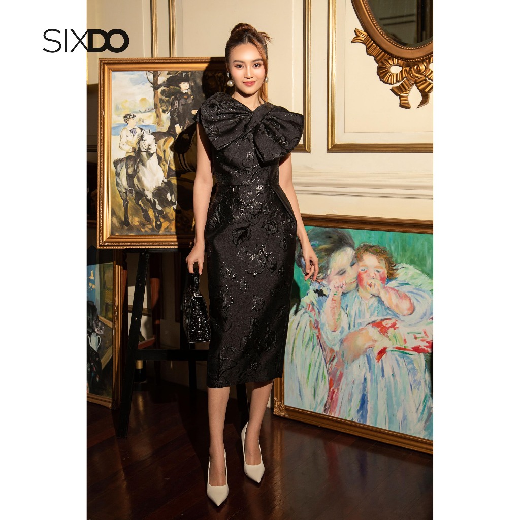 Đầm gấm cổ nơ tạo kiểu dáng bút chì SIXDO Black Bowtie Midi Brocade Dress